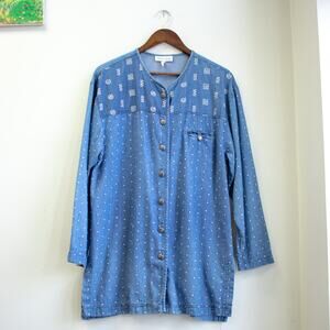 Marsha Sport Denim Oversized Button-Up Tinsel Embroidery Size Large